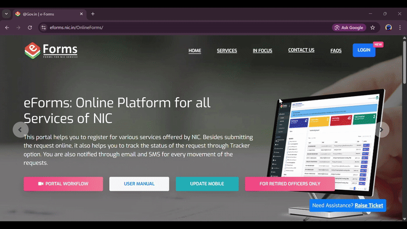 Screenshot of eForms main page with Login button highlighted